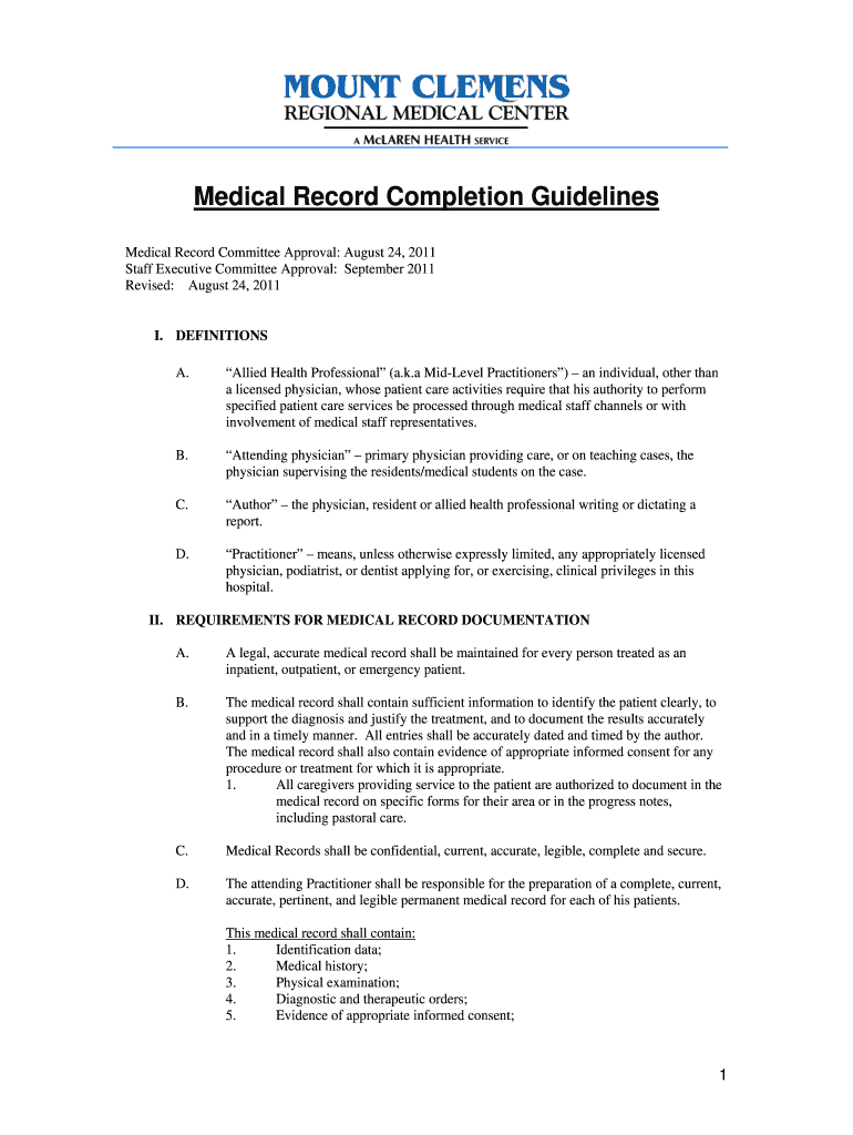 Fillable Online Medical Record Completion Guidelines Fax Email Print