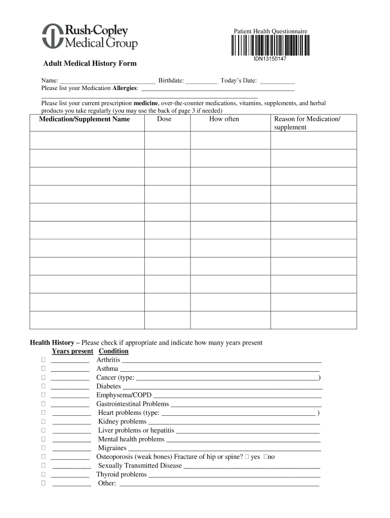 RushCopley Adult Medical History Fill and Sign Printable Template