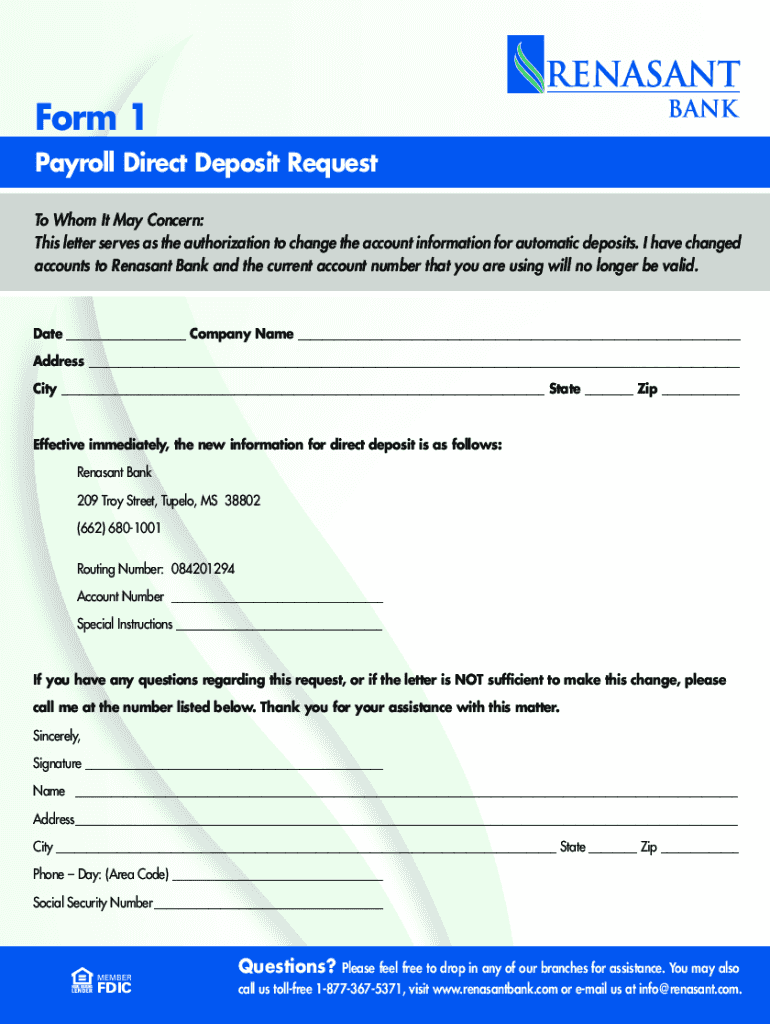 Renasant bank direct deposit form Fill out & sign online DocHub