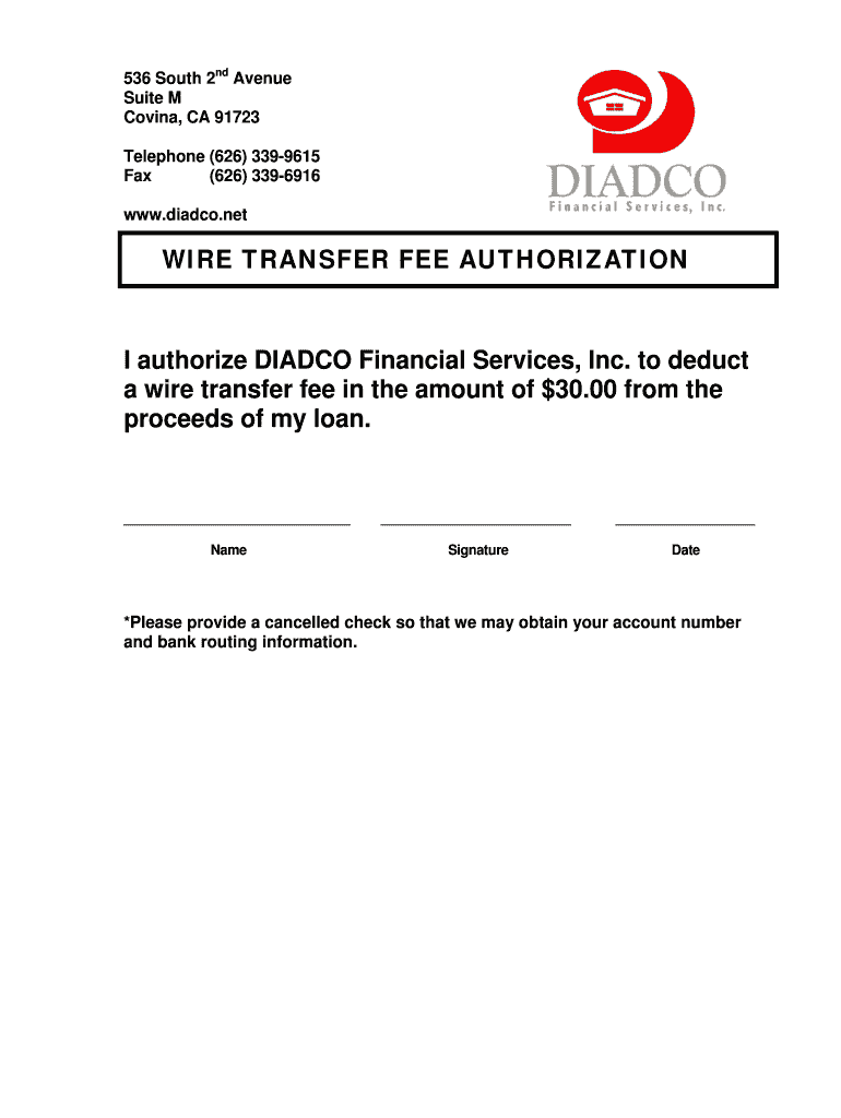 Fillable Online diadco Wire Fee Authorization DIADCO Financial