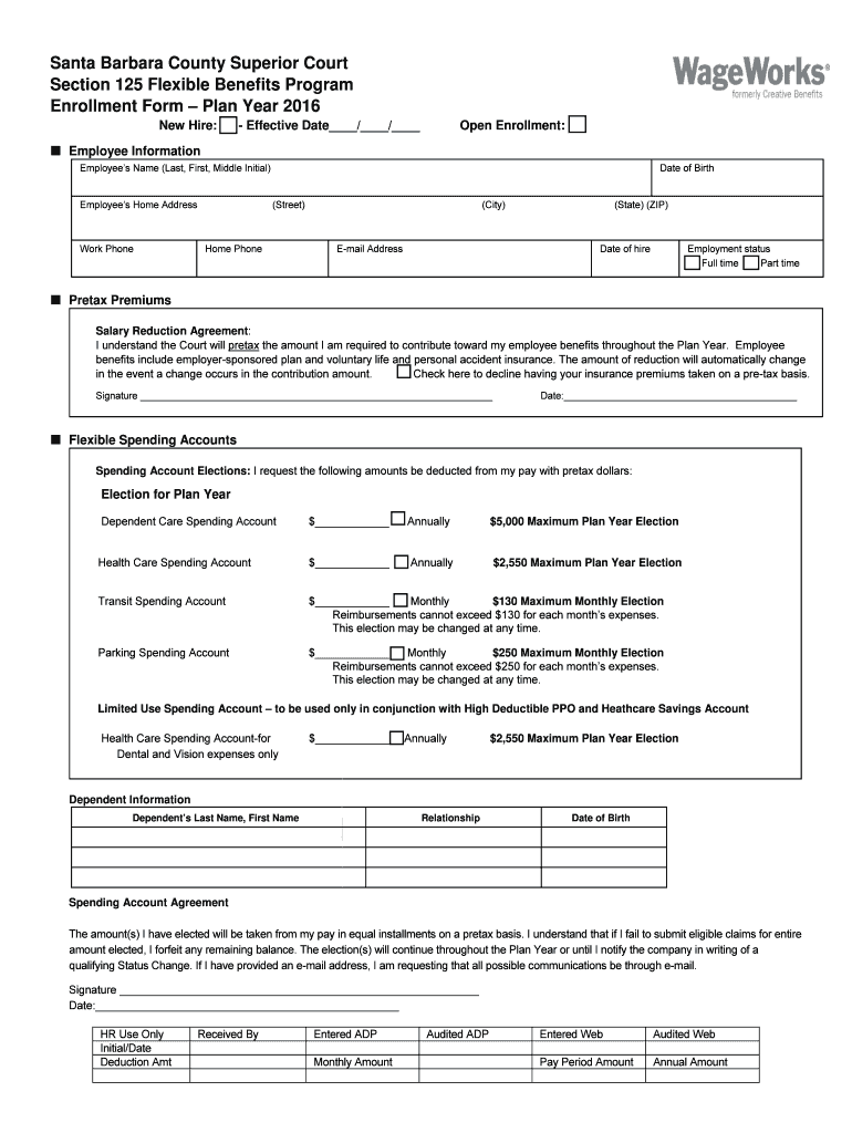Fillable Online sbcourts SB Courts Flex Plan Enrollment Form 2016docx
