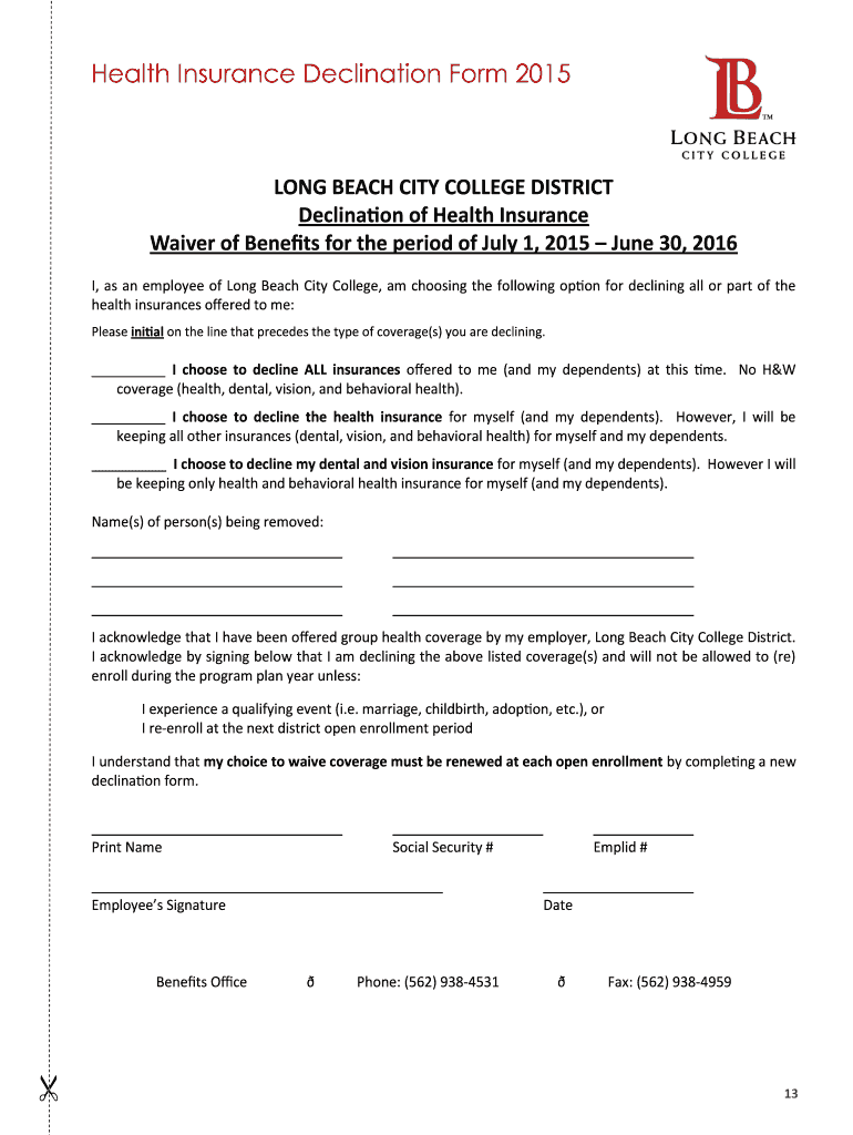 Fillable Online lbcc Health Insurance Declination Form 2015 Long