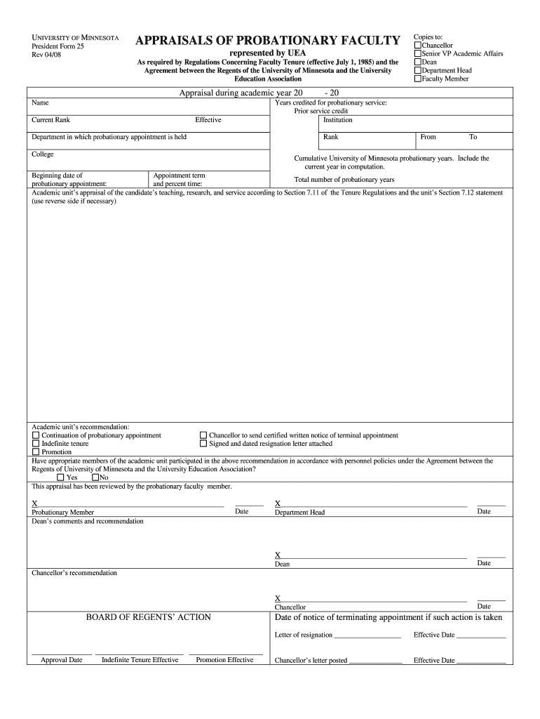 Fillable Online policy umn UNIVERSITY OF MINNESOTA APPRAISALS OF