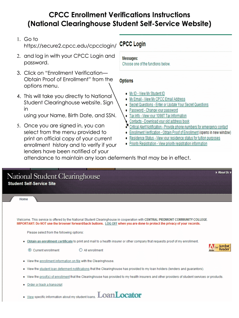 Fillable Online CPCC Enrollment Verifications Instructions Fax Email