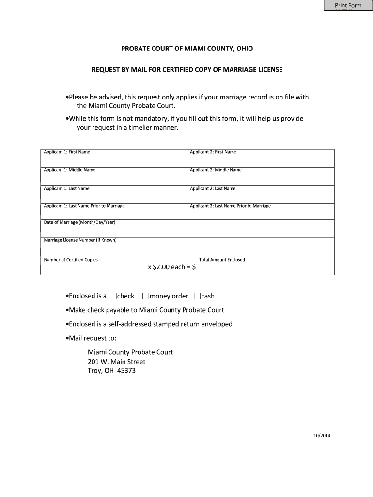 Fillable Online co miami oh PROBATE COURT OF MIAMI COUNTY OHIO REQUEST