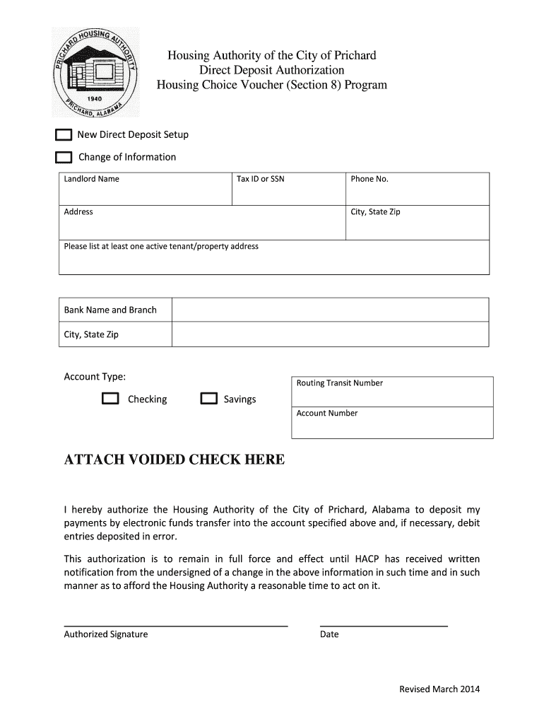 Fillable Online Direct Deposit Authorization Prichard Housing