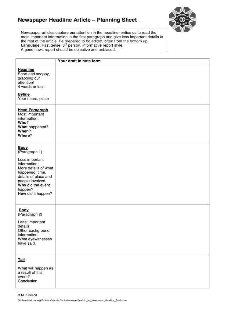 Fillable Online Newspaper Headline Article Planning Sheet Fax Email