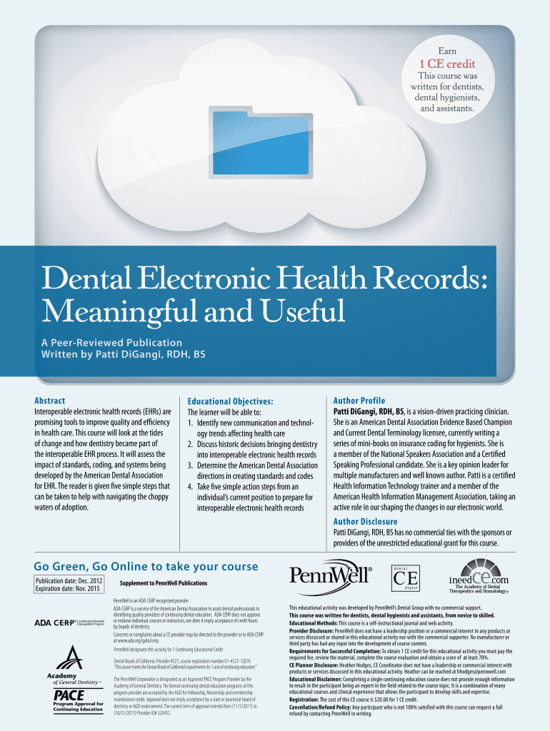 Fillable Online Dental Electronic Health Records Meaningful and seful
