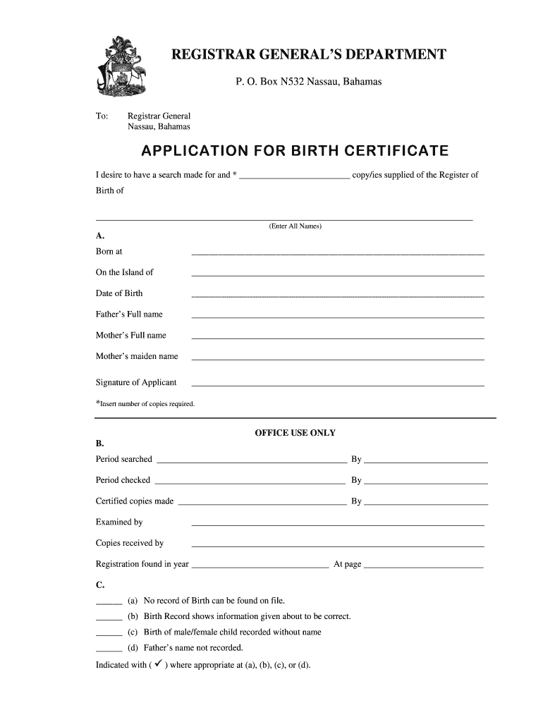 Fillable Online forms bahamas gov RGD APPLICATION FOR BIRTH