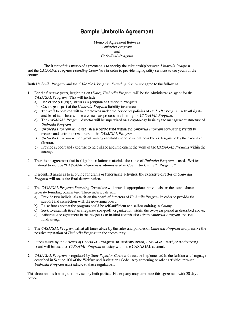 Fillable Online Sample Umbrella Agreement Fax Email Print pdfFiller