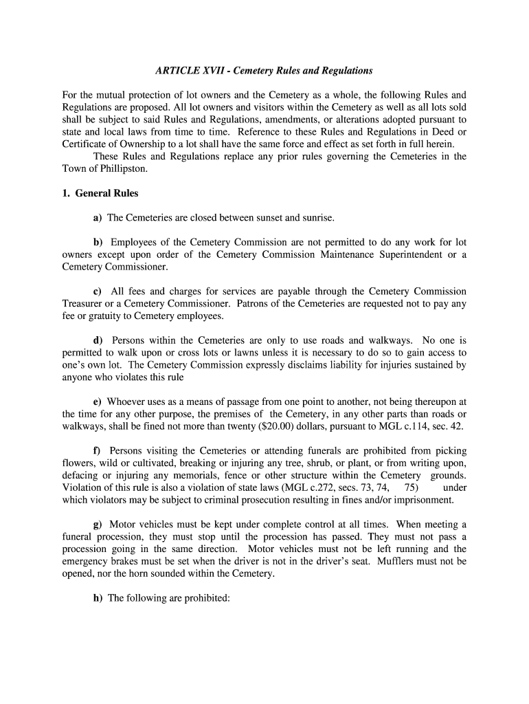 Fillable Online ARTICLE XVII Cemetery Rules and Regulations Fax Email