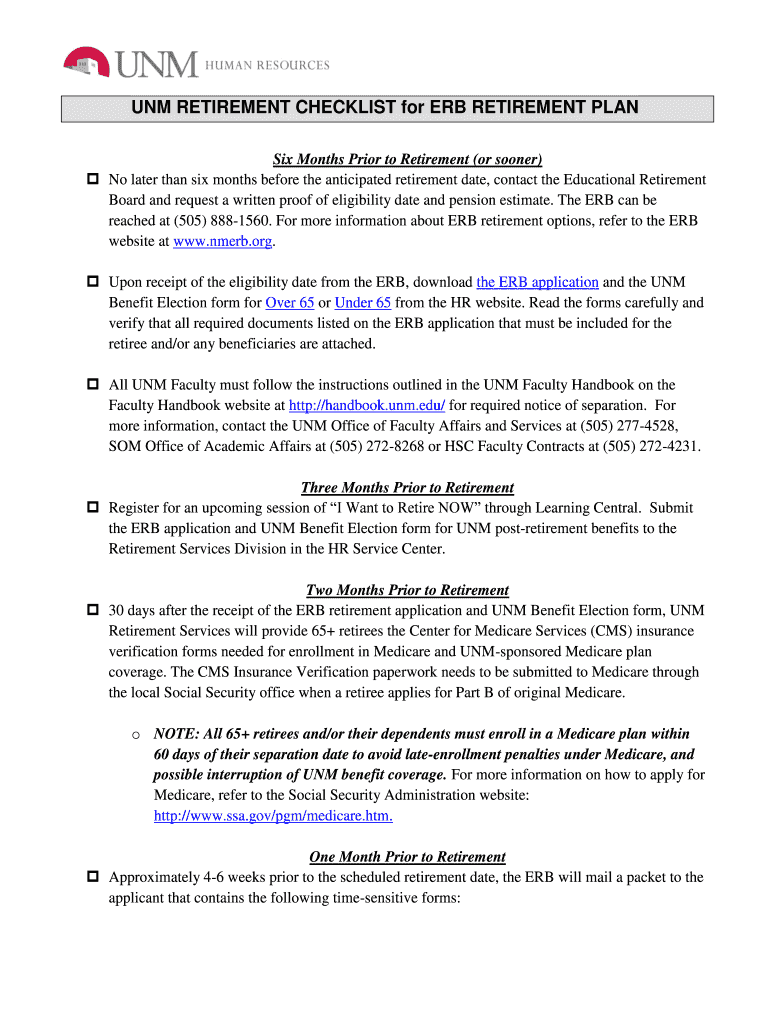 Fillable Online UNM RETIREMENT CHECKLIST for ERB RETIREMENT PLAN Fax