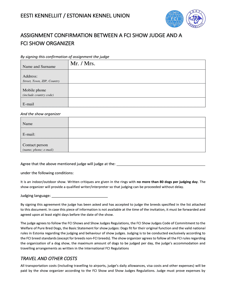 Fillable Online EESTI KENNELLIIT ESTONIAN KENNEL UNION ASSIGNMENT Fax