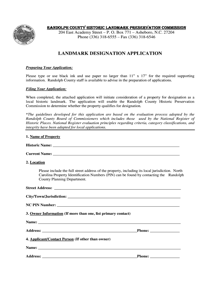 Fillable Online randolphcountync Landmark Designation Application