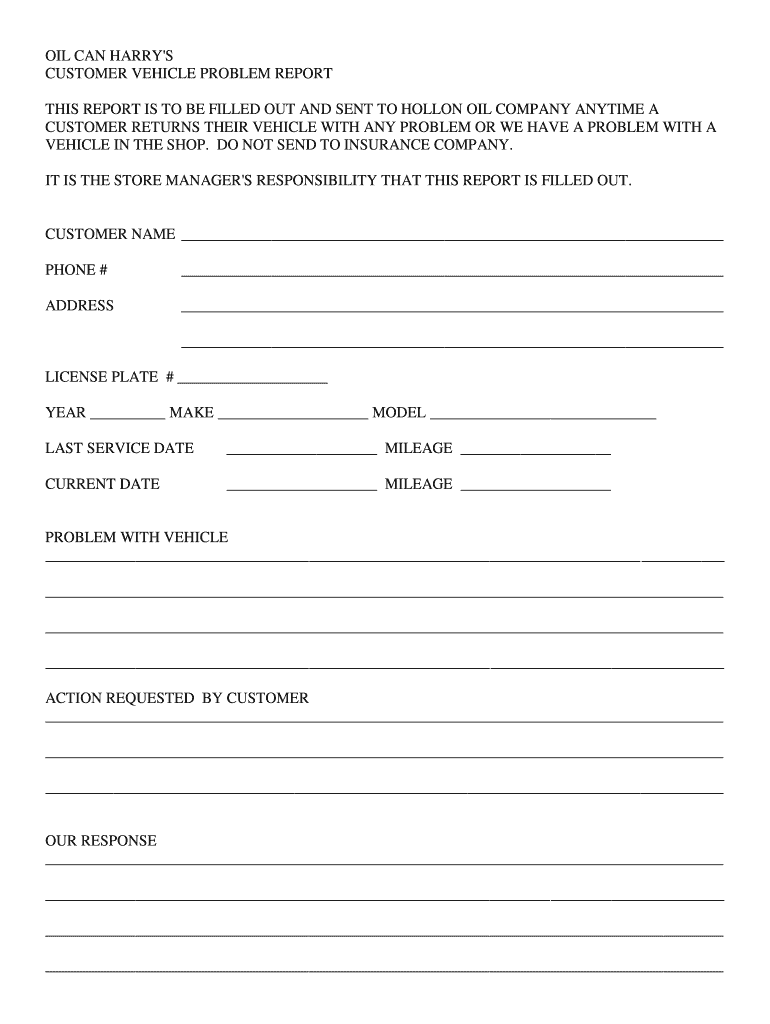 Fillable Online OIL CAN HARRYS CUSTOMER VEHICLE PROBLEM REPORT THIS Fax