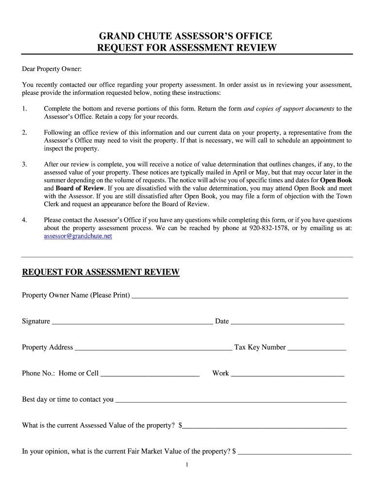 Fillable Online GRAND CHUTE ASSESSORS OFFICE REQUEST FOR ASSESSMENT