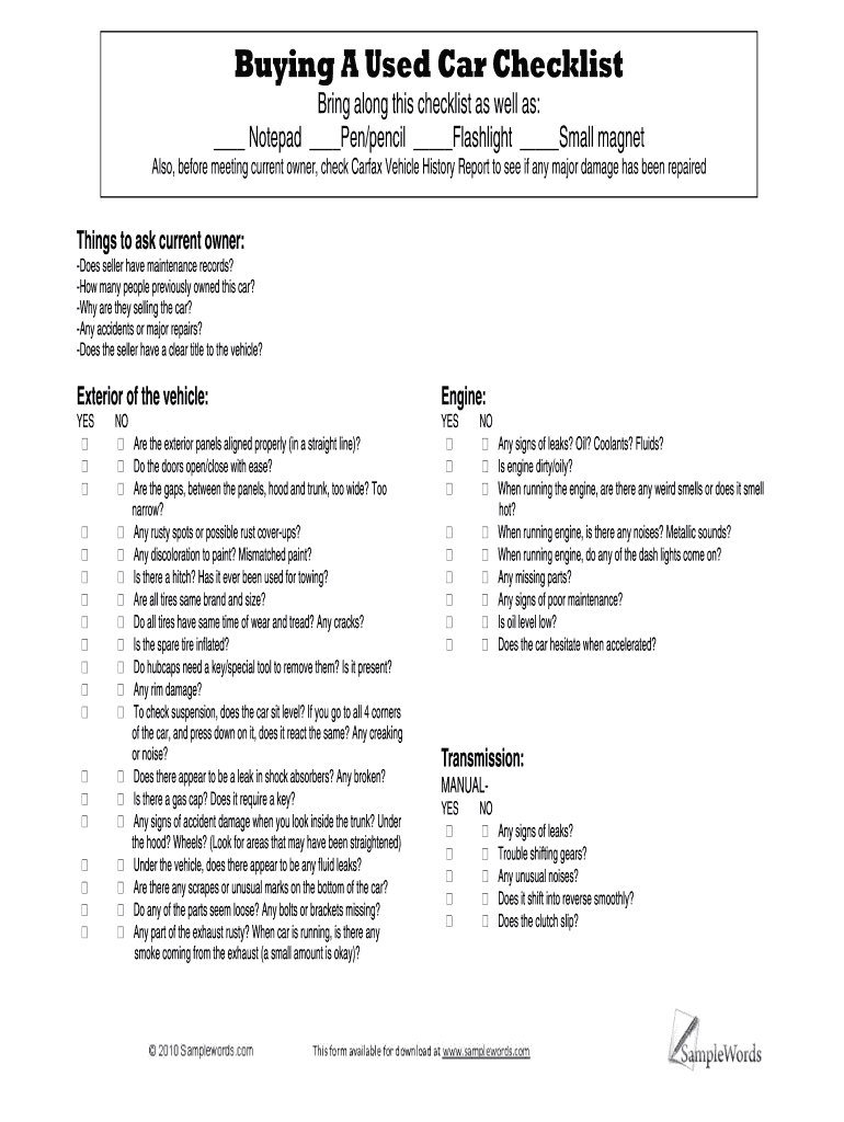 Fillable Online Buying a Used Car Checklist Buying a Used Car Checklist