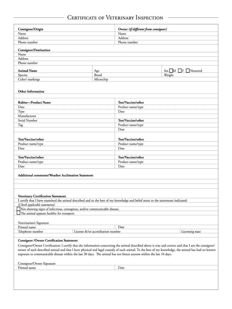 Fillable Online avma Model Certificate of Veterinary Inspection