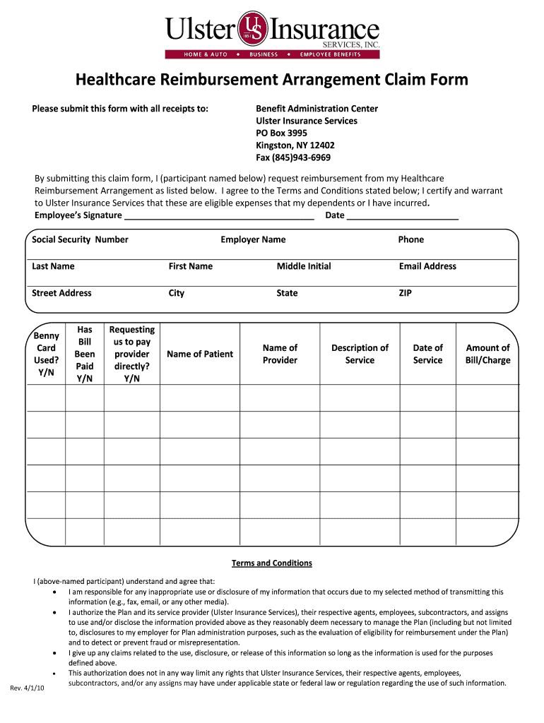 Fillable Online HRA Claim Form for Ulster Insurance Services Ulster