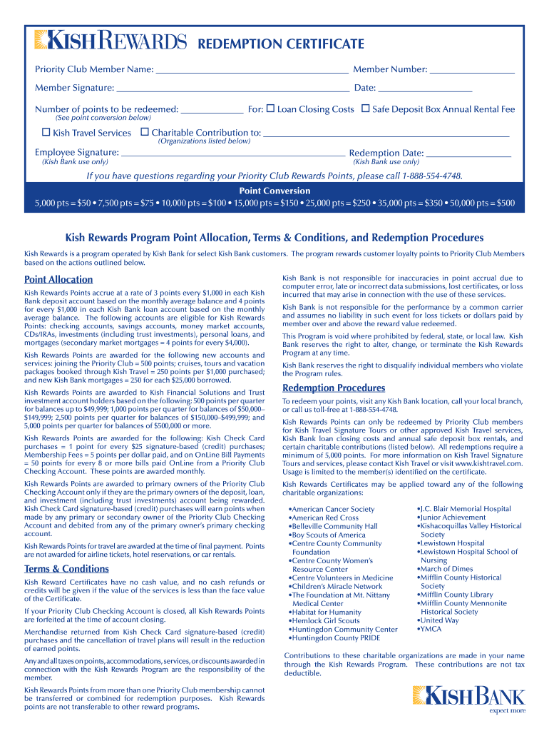 Fillable Online REDEMPTION CERTIFICATE Kish Bank Fax Email Print