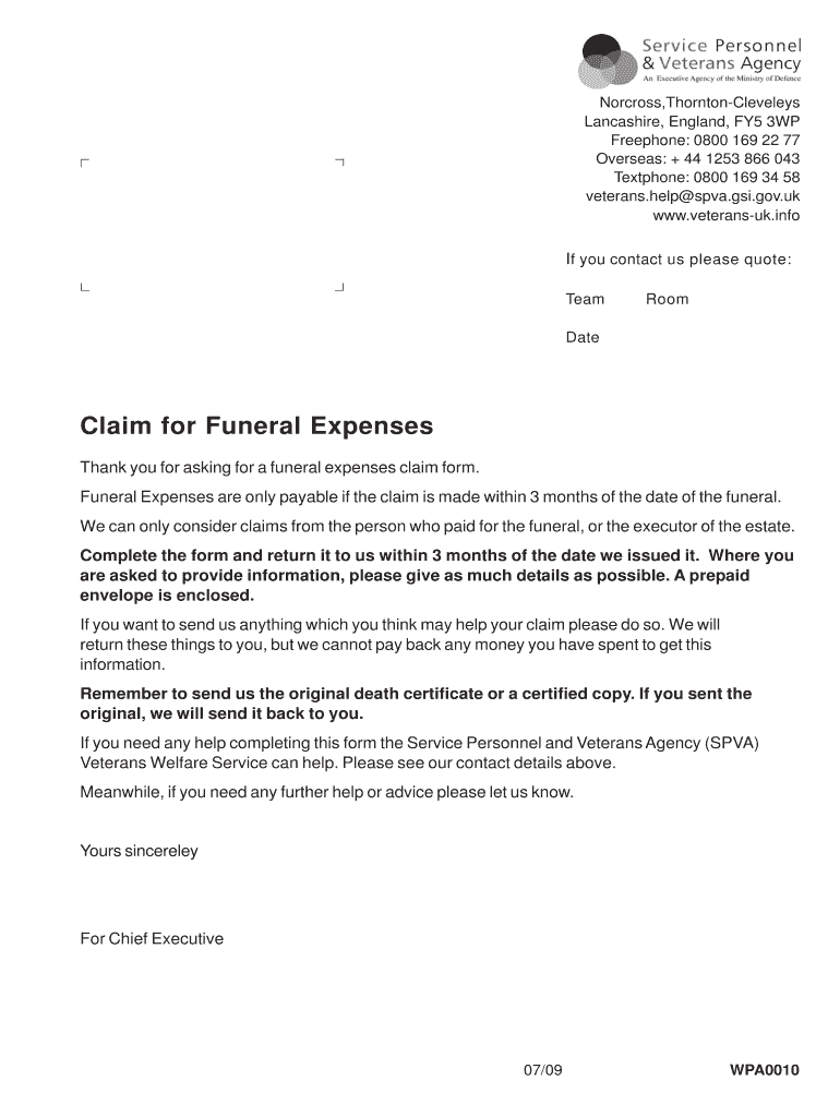 Fillable Online veteransuk Claim for Funeral Expenses Veterans