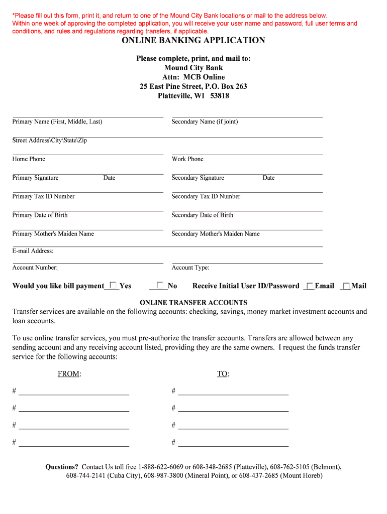 Fillable Online ONLINE BANKING APPLICATION Mound City Bank Fax Email