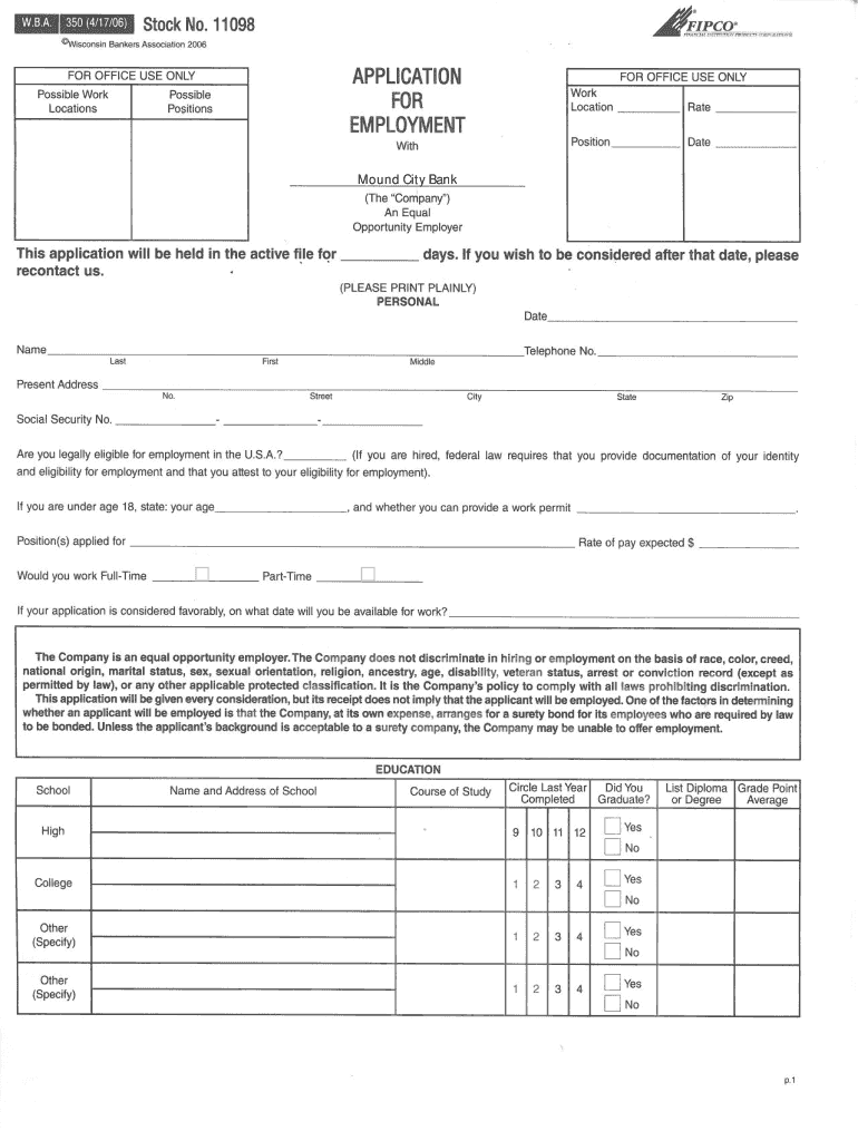 Fillable Online Application for Employment Mound City Bank Fax Email