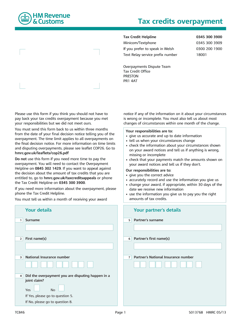 2013 Form UK HMRC TC846 Fill Online, Printable, Fillable, Blank pdfFiller