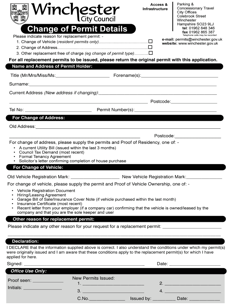 Fillable Online winchester gov Change of Permit Winchester City