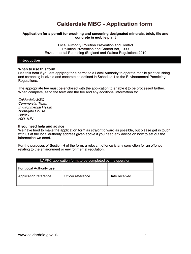 Fillable Online calderdale gov Mobile plant permit Calderdale Council