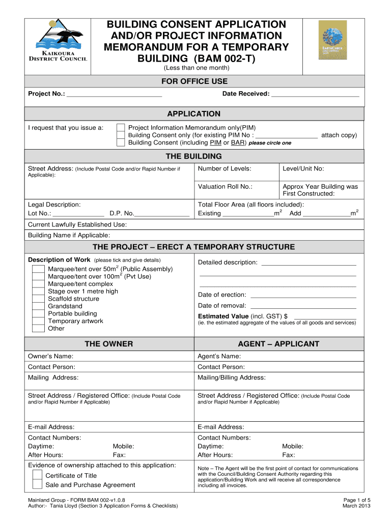 Fillable Online Building Consent (Temporary Building) Kaikoura
