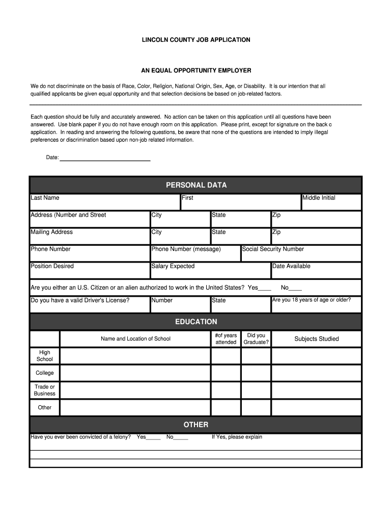 Fillable Online LINCOLN COUNTY JOB APPLICATION Fax Email Print pdfFiller