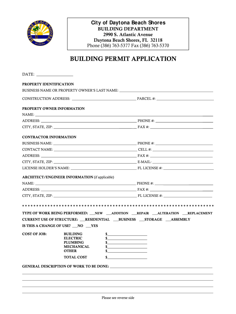 FL Daytona Beach Shores Building Permit Application Fill and Sign