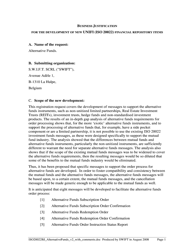 Fillable Online iso20022 BUSINESS JUSTIFICATION Fax Email Print pdfFiller