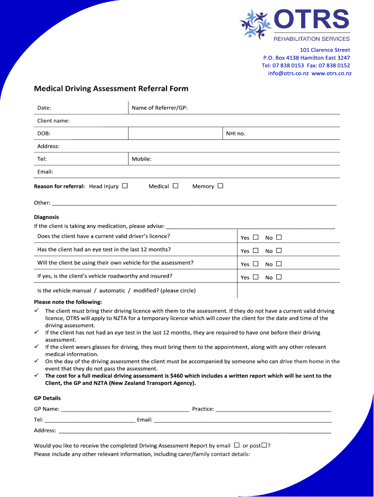 Fillable Online Medical Driving Assessment Referral Form Fax Email