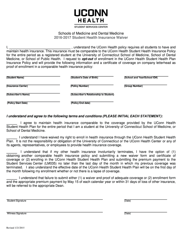 Fillable Online studentservices uchc Student Health Insurance Waiver Student Services Center