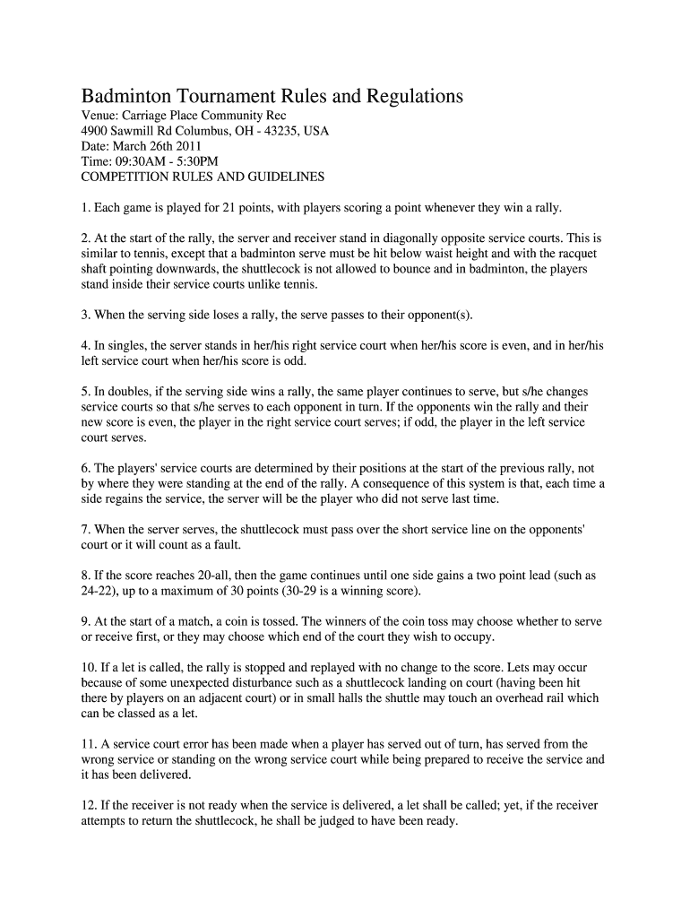 Fillable Online Badminton Tournament Rules and Regulations Fax Email