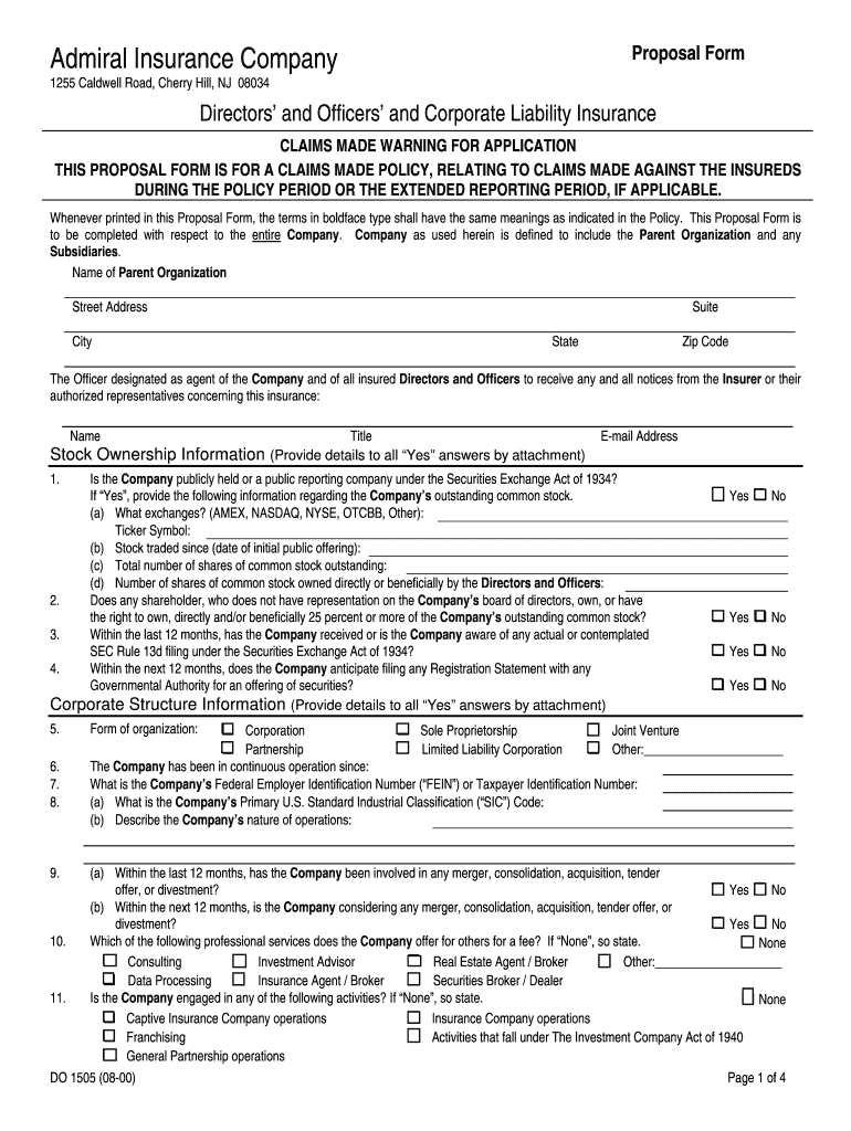 Fillable Online Admiral Insurance Company Proposal Form About Us Fax