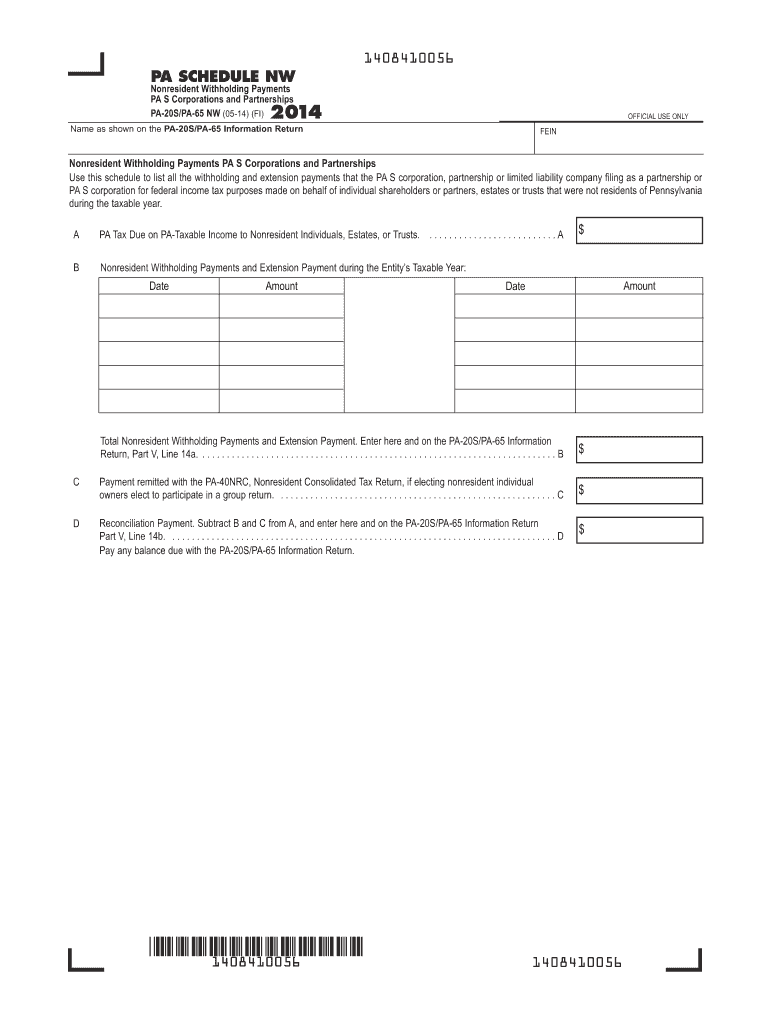 Fillable Online 2014 PA Schedule NW Nonresident Withholding Payments