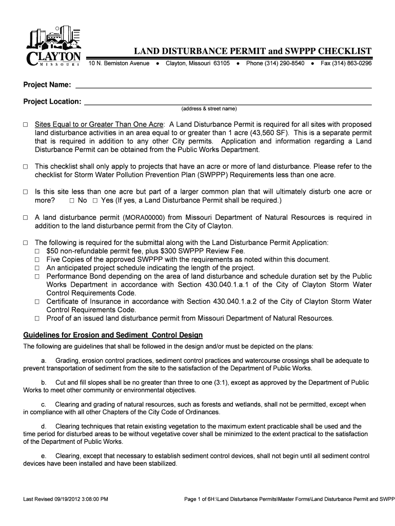 Fillable Online claytonmo Land Disturbance Permit and SWPPP Checklist