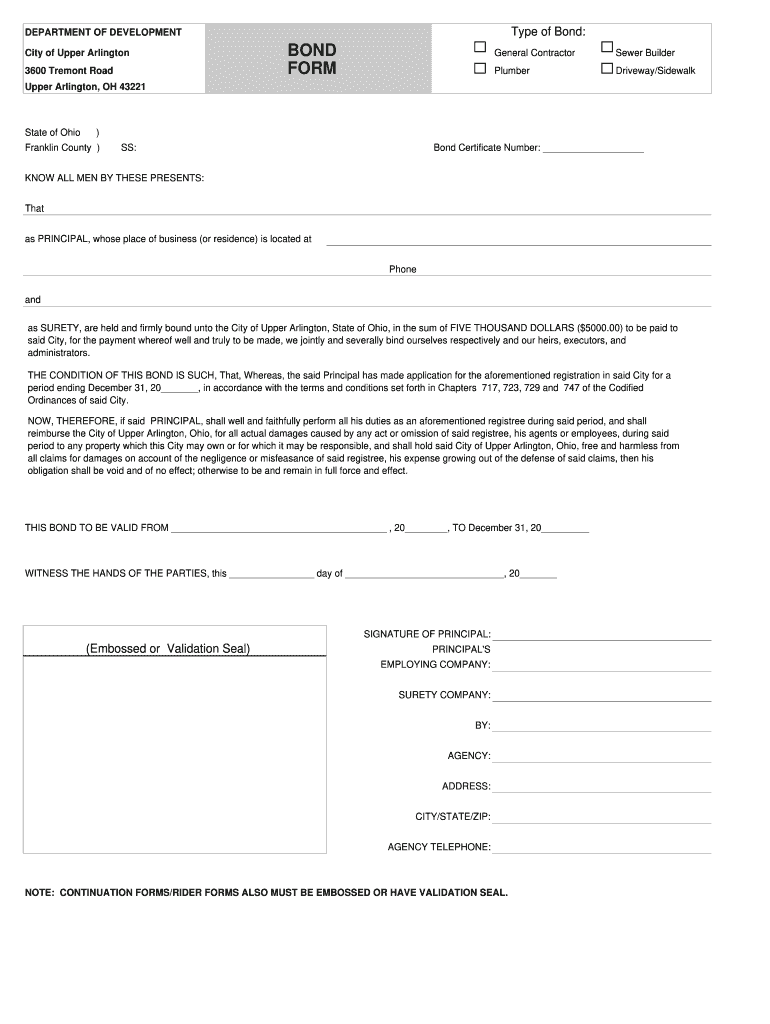 Bond Form Upper Arlington Fill Online, Printable, Fillable, Blank