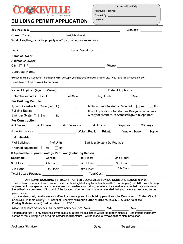 Fillable Online BUILDING PERMIT APPLICATION City of Cookeville Fax