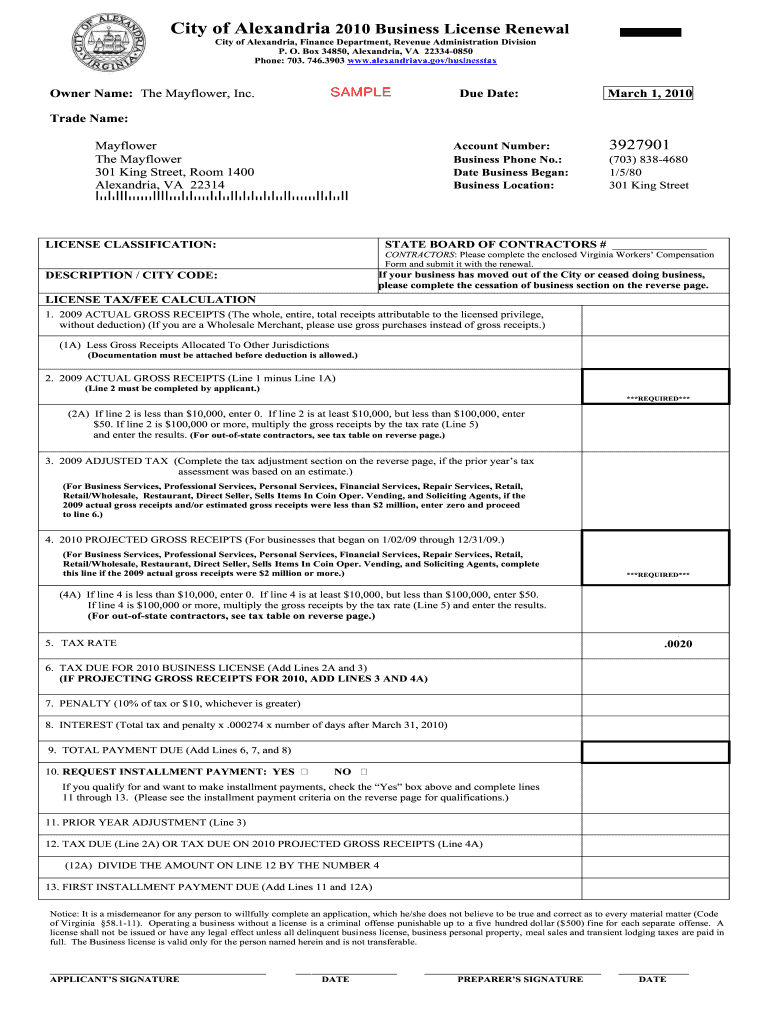 Fillable Online alexandriava Sample of New Business License Renewal