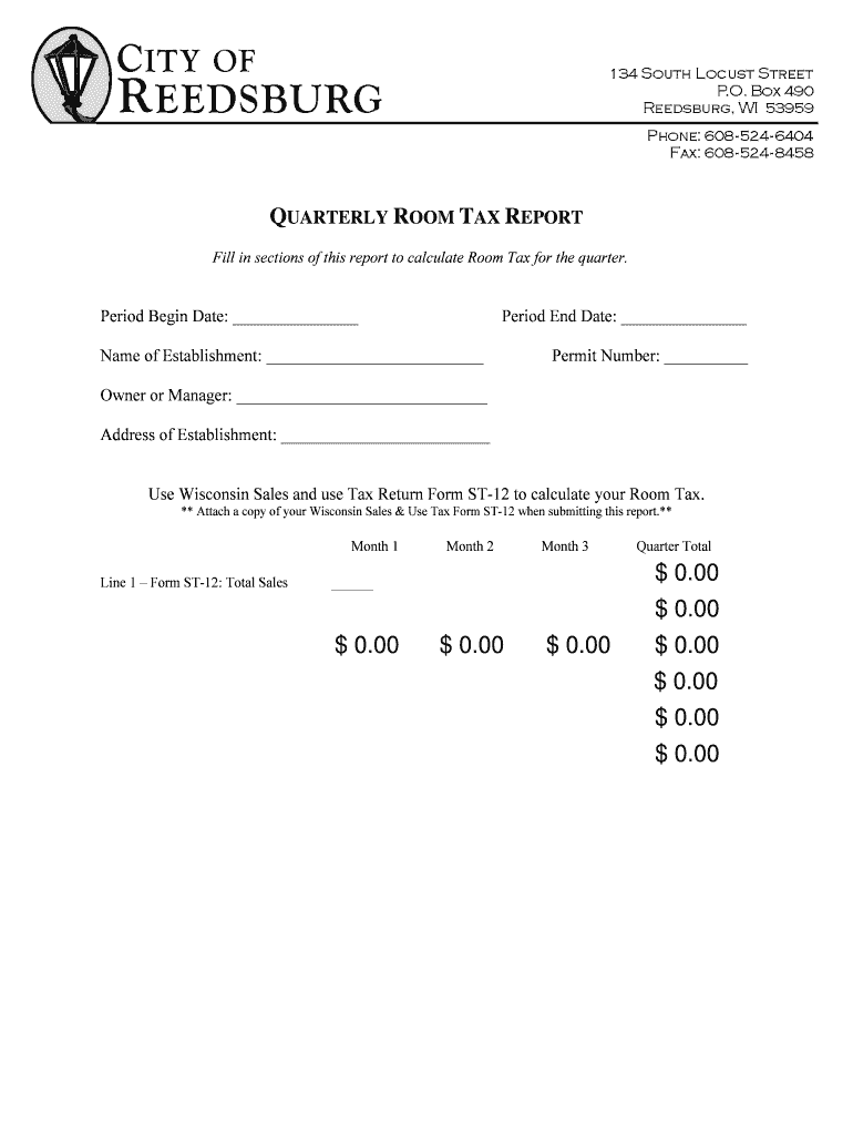 Fillable Online Quarterly Room Tax Report Reedsburg, Wisconsin Fax