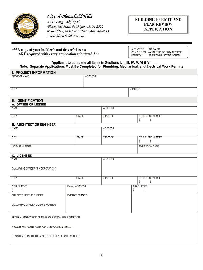 Fillable Online bloomfieldhillsmi Building Permit Application