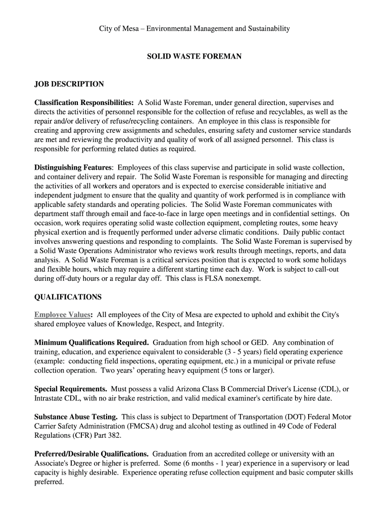Fillable Online SOLID WASTE FOREMAN JOB DESCRIPTION AppsMesaazgov Fax
