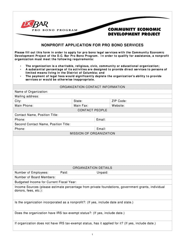 Fillable Online dcbar NONPROFIT APPLICATION FOR PRO BONO SERVICES