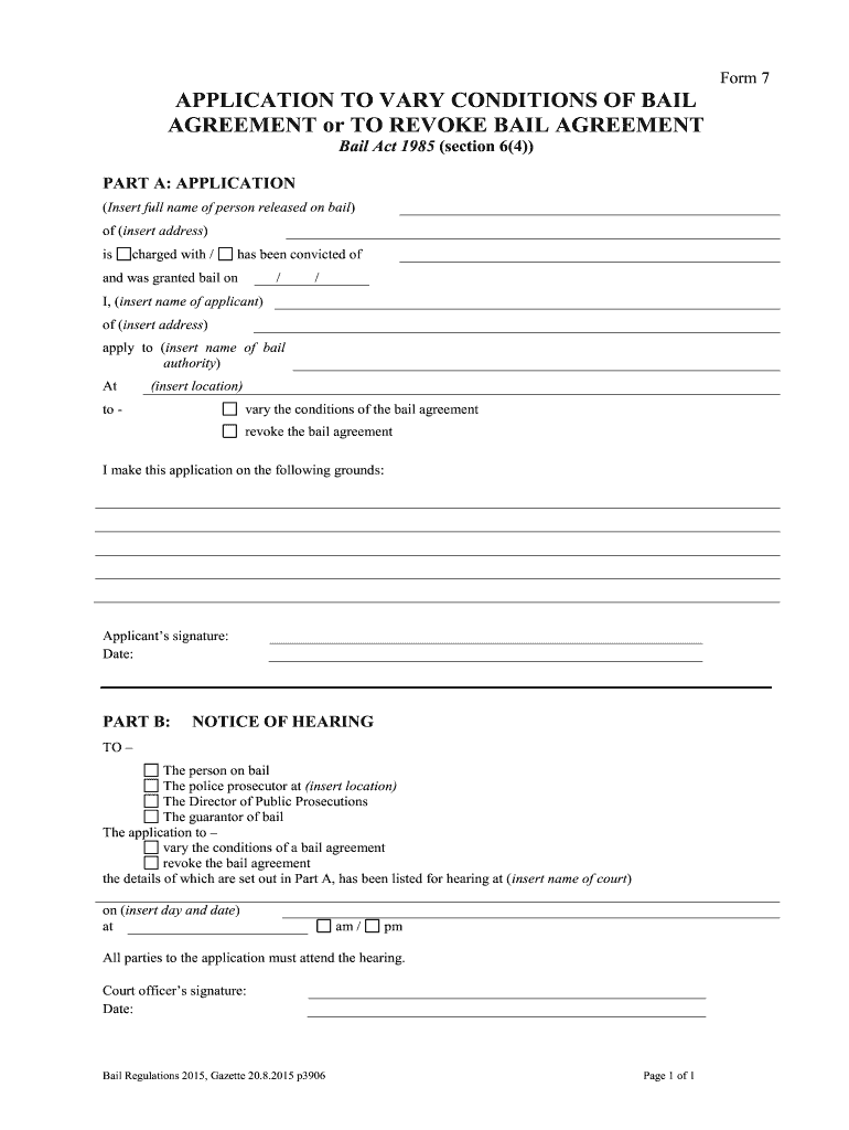 Fillable Online Bail Form 07 Application to Vary Revoke Bail Fax