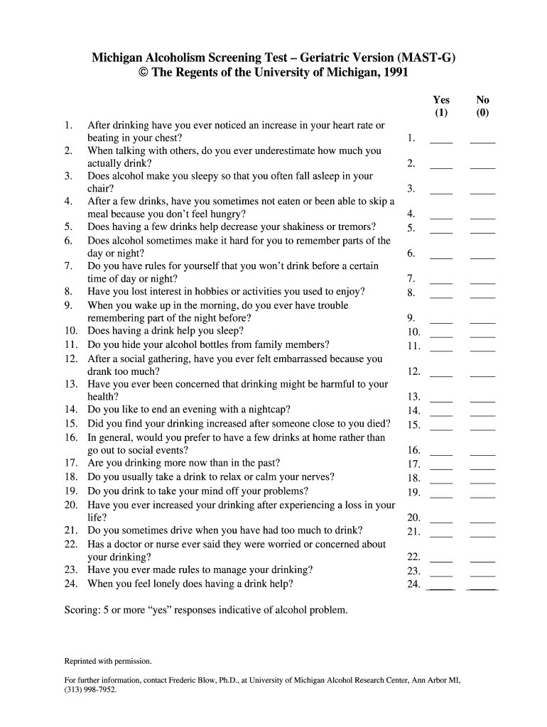 Fillable Online Michigan Alcoholism Screening Test Geriatric Version (MASTG) Fax Email Print