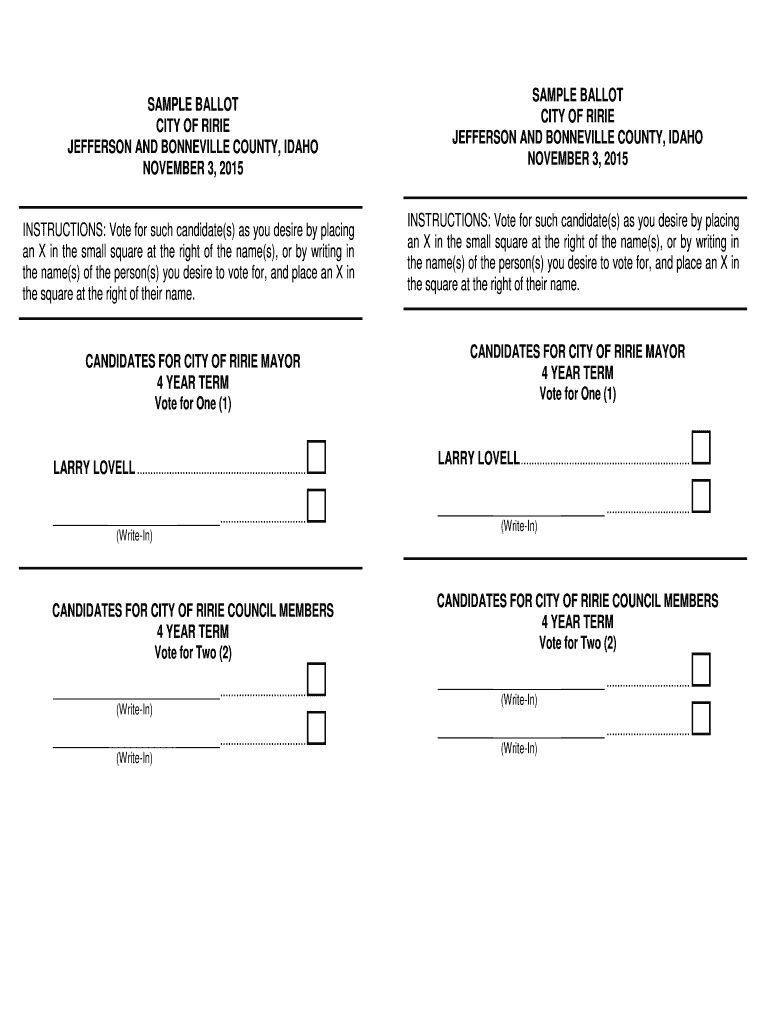 Fillable Online co jefferson id SAMPLE BALLOT CITY OF RIRIE JEFFERSON